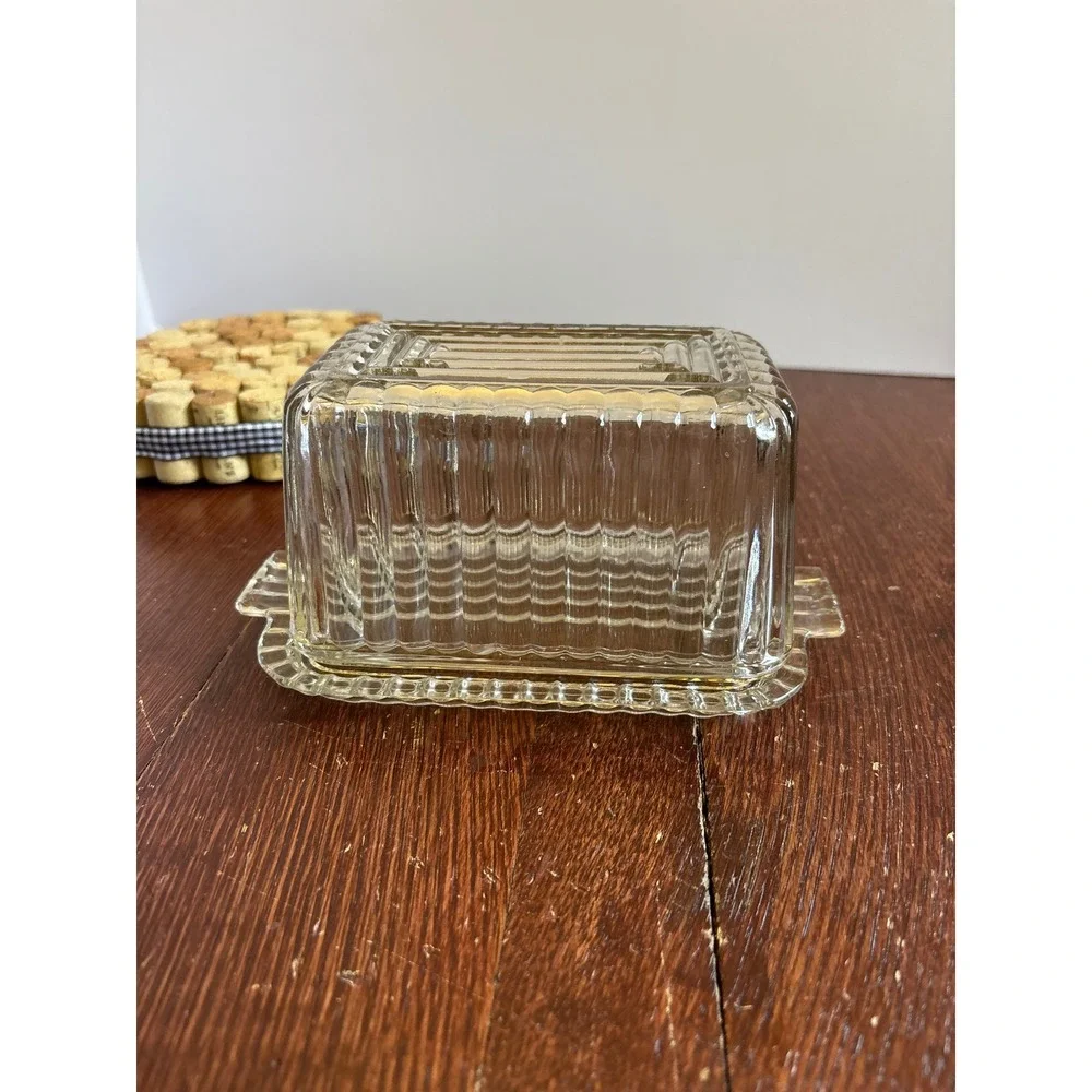 Vintage Clear Glass Ribbed Butter Dish with Lid Art Deco Scalloped Edge 2-Piece